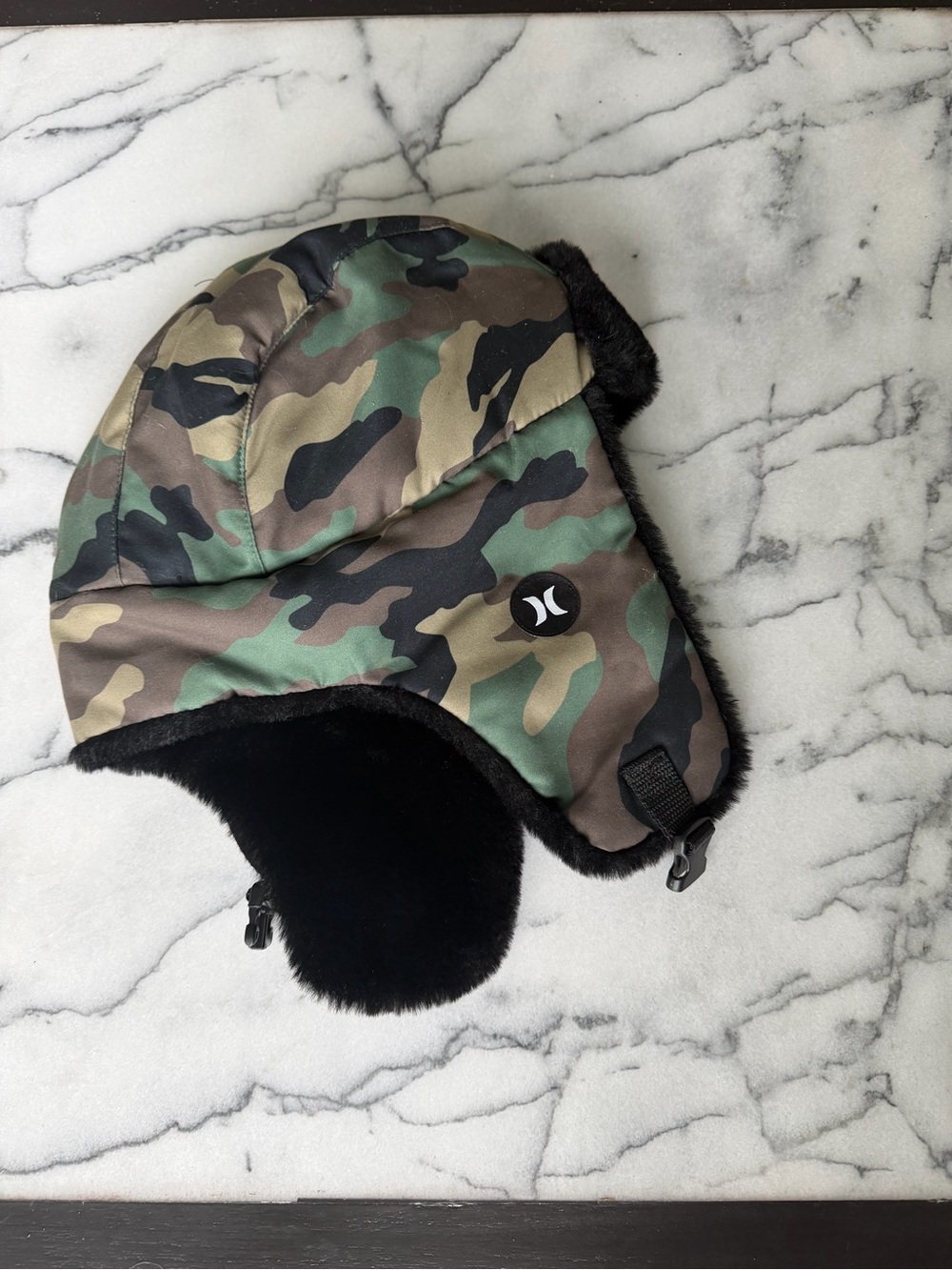 Hurley Kids Camo Trapper Hat in Green and Black